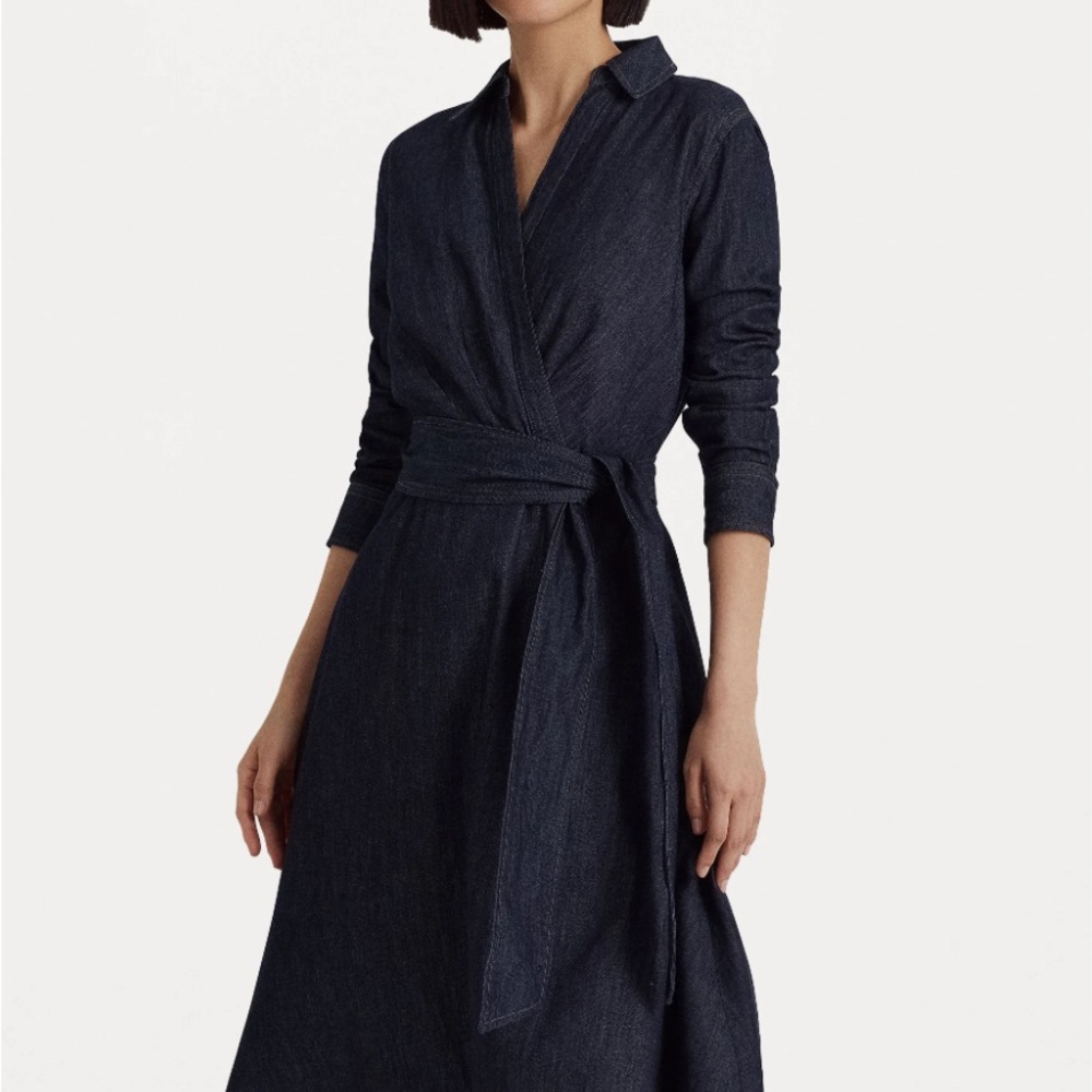 Ralph Lauren DENIM LONG SLEEVE MIDI BELTED DRESS Dark Rinse Wash With Pockets 0